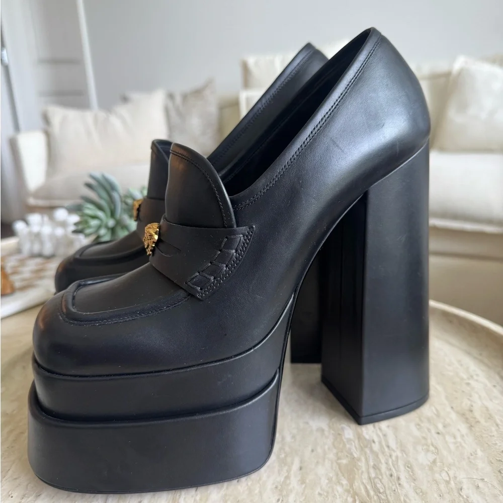 Versace Black Leather Platform Loafers with Gold Medusa